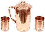 Indianartvilla Copper Jug Pitcher With 2 Glass Tumbler, Drinkware Set (3 Pieces)