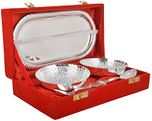 Artistic Handicrafts Brass Bowl, Spoon & Tray Set, 5 Piece, Silver