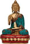 Aesthetic Decors Buddha Blessing & Medicine Pose W Stone WorK Decorative Showpiece  -  11.5 cm(Brass, Multicolor)