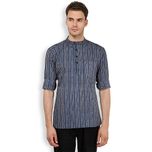 Svanik Men's Blue & Grey Striped Cotton Short Pathani Kurta