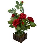 Fancy Mart Real Look Artificial Rose Flower Plant 5 Flower & 5 Buds Head In Marble Finish Pot