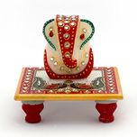 Little India Meenakari Work Lord Ganesh Marble Pooja Chowki (388, White)