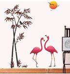 Happy walls Pink Flamingo Birds In Bamboo Tree & Sunset Background(125 cm X cm 104, Multicolor)