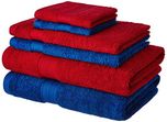 Amazon Brand - Solimo 100% Cotton 6 Piece Towel Set, 500 GSM (Iris Blue and Spanish Red)