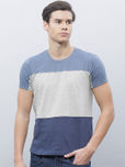 ether Men Grey Melange & Blue Colour Blocked Round Neck T-Shirt