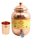 IndianArtVilla Pure Copper Set of 1 Water Pot Tank with Tap Spigot 1500 ML with 1 Hammered Glass Tumbler 300 ML - Storage Water Benefit Yoga Ayurveda