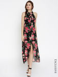 SASSAFRAS Women Black & Pink Floral Print Midi Dress
