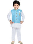 Aj DEZInES Boys Blue & White Solid Kurta with Pyjamas & Waistcoat