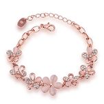 Om Jewells Rose Gold Plated Pink Flowers Link Chain Adjustable Size Bracelet With Crystals For Girls And Women