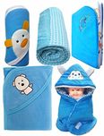 BRANDONN Baby Velvet Fleece 4 Hooded Blanket With Woolen Acrylic Shawl (Blue) - Pack of 5