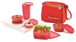 Signoraware Plastic Lunch Box Set with Bag Set, 5-Pieces, Red