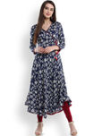 Tissu Women Navy Blue & Off-White Printed Angrakha Kurta