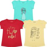 MINNOW Girls Regular Fit Printed Cotton T-Shirt(Multicolour,8-9 Years,Pack of 3)