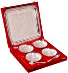 Indian Craft Villa Silver Plated 4 Bowl Deep Dish 4 Spoons 1 Serving Tray with Gift Packing Box for use Desert ice cream Serving Restaurant Hotel Home Ware Gift Item Pack of 9 Dinner Set(Silver Plated)