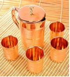 Skavij Emayes Set Of 4 Water Glasses And A Jug With Lid, Copper Drinkware Set For Ayurvedic Healing, Capacity 1.6 Litre