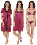 Fasense Exclusive Women Satin Nightwear Sleepwear 4 Pcs Set of Short Nighty, Wrap Gown, Bra & Thong DP100 (Medium, Dark Wine)