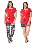 AV2 Women Red Graphic Top, Pyjama & Shorts Set