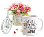 Tied Ribbons Cycle Ceramic Vase with Artificial Flowers and Coffee Mug (10.01 cm x 8 cm x 11.99 cm, TR-MD17-CycleMugTulip002)