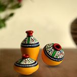 ExclusiveLane Terracotta Warli Handpainted Miniature Yellow Pots Set of 3 - Vases , Home Dcorative Pieces
