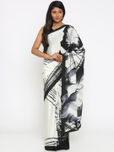 Kvsfab Black & White Crepe & Silk Printed Saree