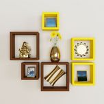 GrayWood Square Shape Wall Shelf set of Six | Yellow & Brown