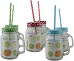 Satyam Kraft Mason Glass Jar - Pack of 6 - Pattern lid with folded straw and handle - 3 colors X 2 set Glass Mug(504 ml, Pack of 6)