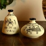 ExclusiveLane Warli Hand-Painted Terracotta Pot Set (9.4 cm x 9.4 cm, 10.2 cm, White, Set of 2)