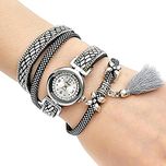 Mehrunnisa Black & Silver Multiband Wrap Bracelet Analog Watch With Tassel For Girls (Gray)