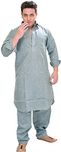 Exotic India Plain Pathani Kurta Salwar with Thread Embroidery on Neck - Color Dusty BlueGarment Size 36