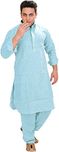 Exotic India Plain Pathani Kurta Salwar with Thread Embroidery on Neck - Color Angel FallsGarment Size 36