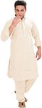 Exotic India Plain Pathani Kurta Salwar with Thread Embroidery on Neck - Color Powder PuffGarment Size 36