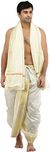 Exotic India Dhoti and Angavastram Set with Wide Golden Border (Ready to Wear) - Color CreamGarment Size Free Size