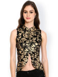 Ira Soleil Black & Gold-Toned Floral Print Crop Jacket