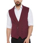 Hypernation Maroon Color Cotton Double Breast Waistcoat For Men