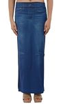 Timbre Denim Look Maxi Skirt with Side Slit Printed Polyester Long Pencil Skirt (L: 28-30)