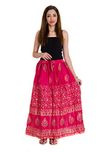 Jingle Impex Pink Gold printed Cotton long Skirt for women ( free Size)Size: length- 40 Inches , Waist- non stretch- 28, After stretch- 42 Inches