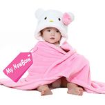 My NewBorn Baby Polar Fleece Hooded Blanket (Pink and White, 0-6 Months)