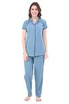 SWEETNIGHT Sweet Night Pastel Blue Women Night Suit & Night Shirt Set | Black Dot Print on Night Dress | Pure Cotton Night wear| Top and Pyjama Set with Half Sleeve | Size  M