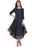 Amayra Womens Cotton Blue Printed Anarkali Kurti(Small,Blue)