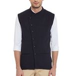 Hypernation Navy Blue Side Button Cotton Waistcoat For Men
