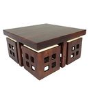 Mamta Decoration Sheesham Wood Wooden Coffee Table for Living Room | for Home and Office | with 4 Stools | Cream Cushion
