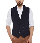 Hypernation Navy Blue Color Cotton Double Breast Waistcoat For Men