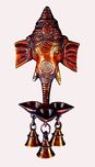 Aesthetic Decors Wall Hanging Three Diya Oil Lamp in Nepali Orange Showpiece - 25 cm (Brass, Multicolor)