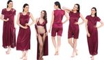 Fasense Satin Nightwear 6 Pcs Set of Nighty Wrap Gown Top Shorts Bra & Thong DP044 (Medium, Wine)