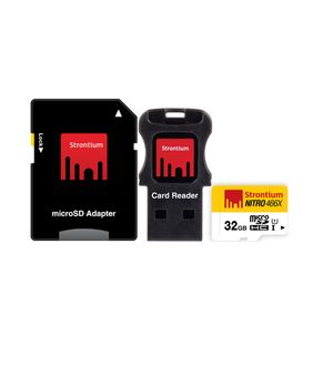 Strontium Nitro 466X 32GB MicroSDHC Class 10 (70MB/s) Memory Card (WIth Card Reader & Adapter)